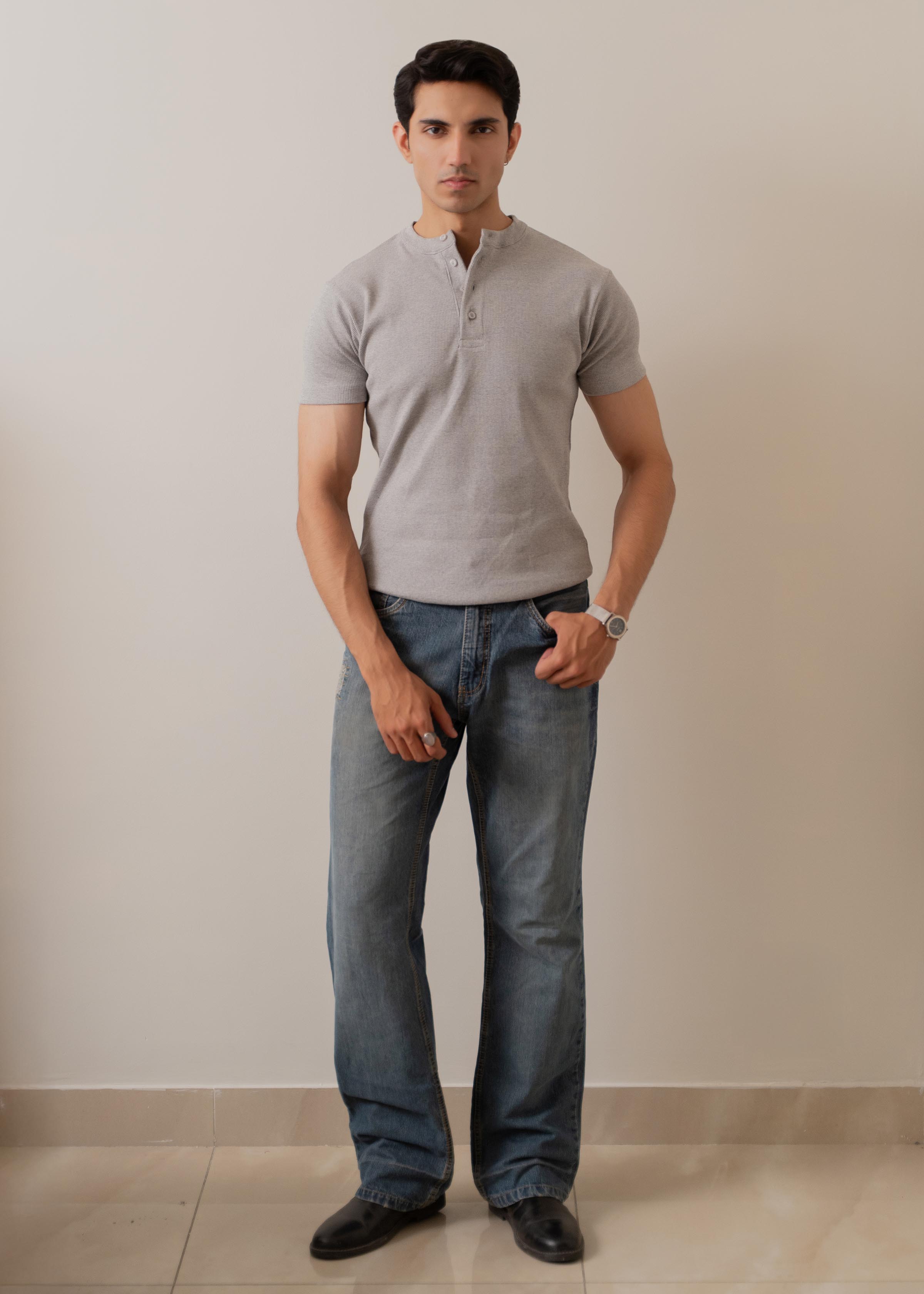 GREY RIBBED FITTED HENLEY