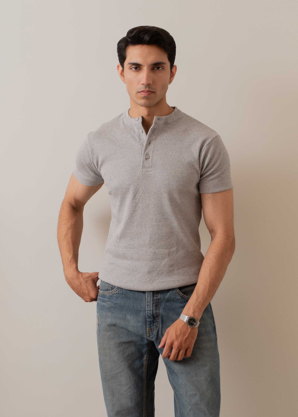 GREY RIBBED FITTED HENLEY