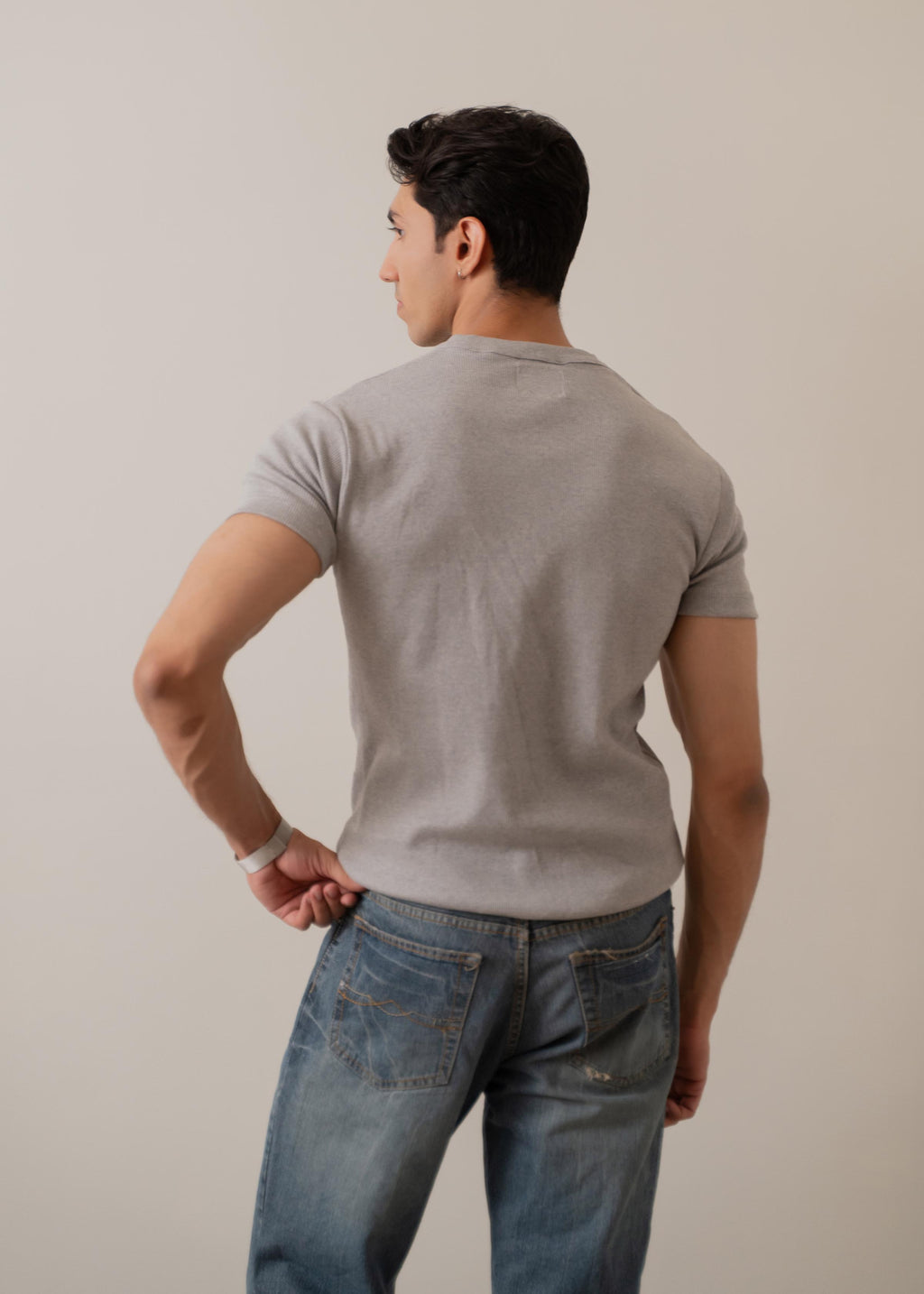 GREY RIBBED FITTED HENLEY