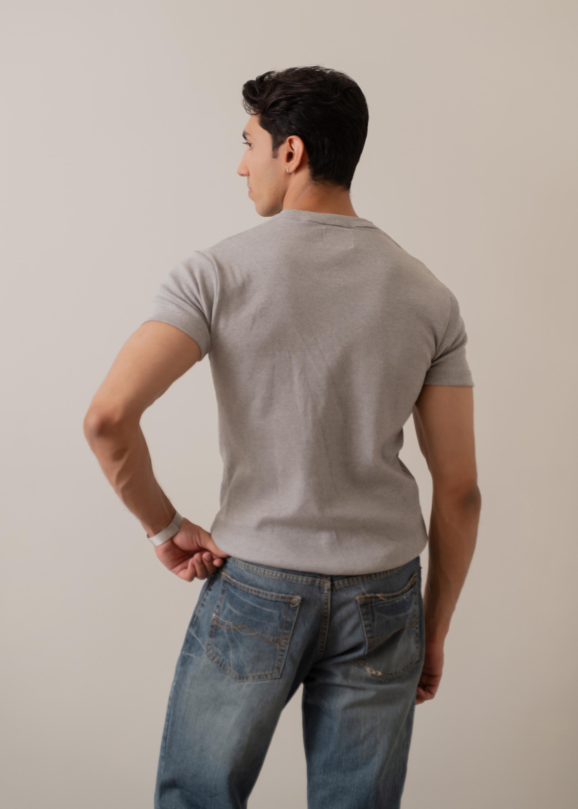 GREY RIBBED FITTED HENLEY