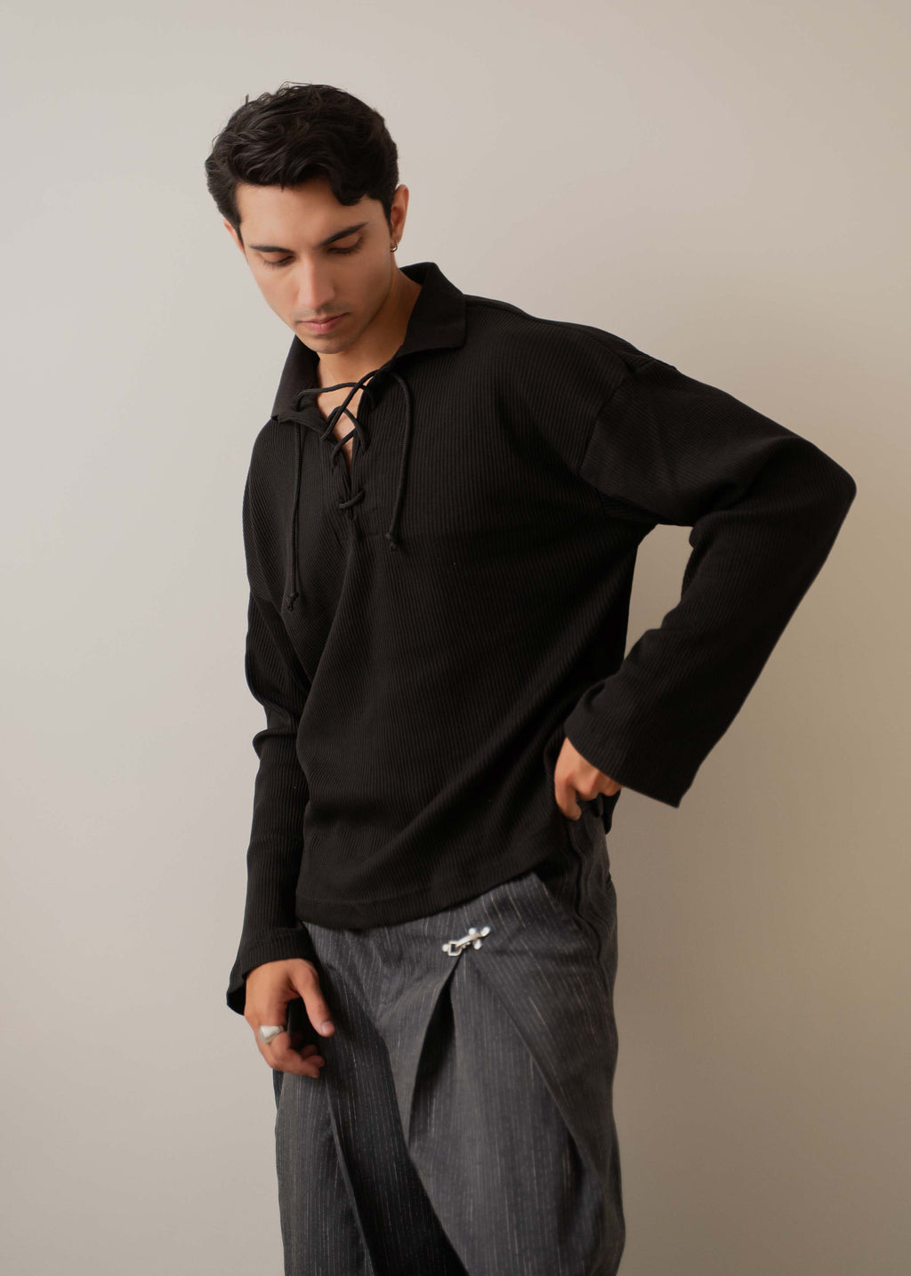 LACE UP KNIT LONG SLEEVE POLO