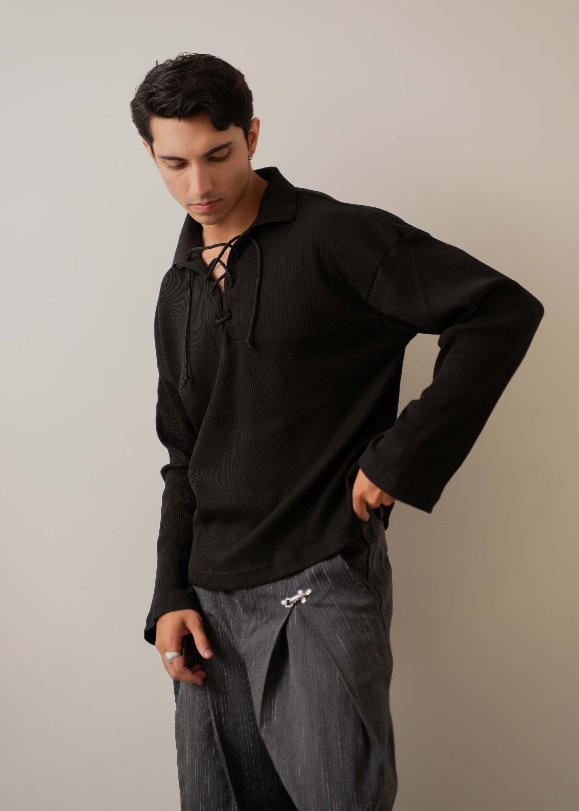 LACE UP KNIT LONG SLEEVE POLO