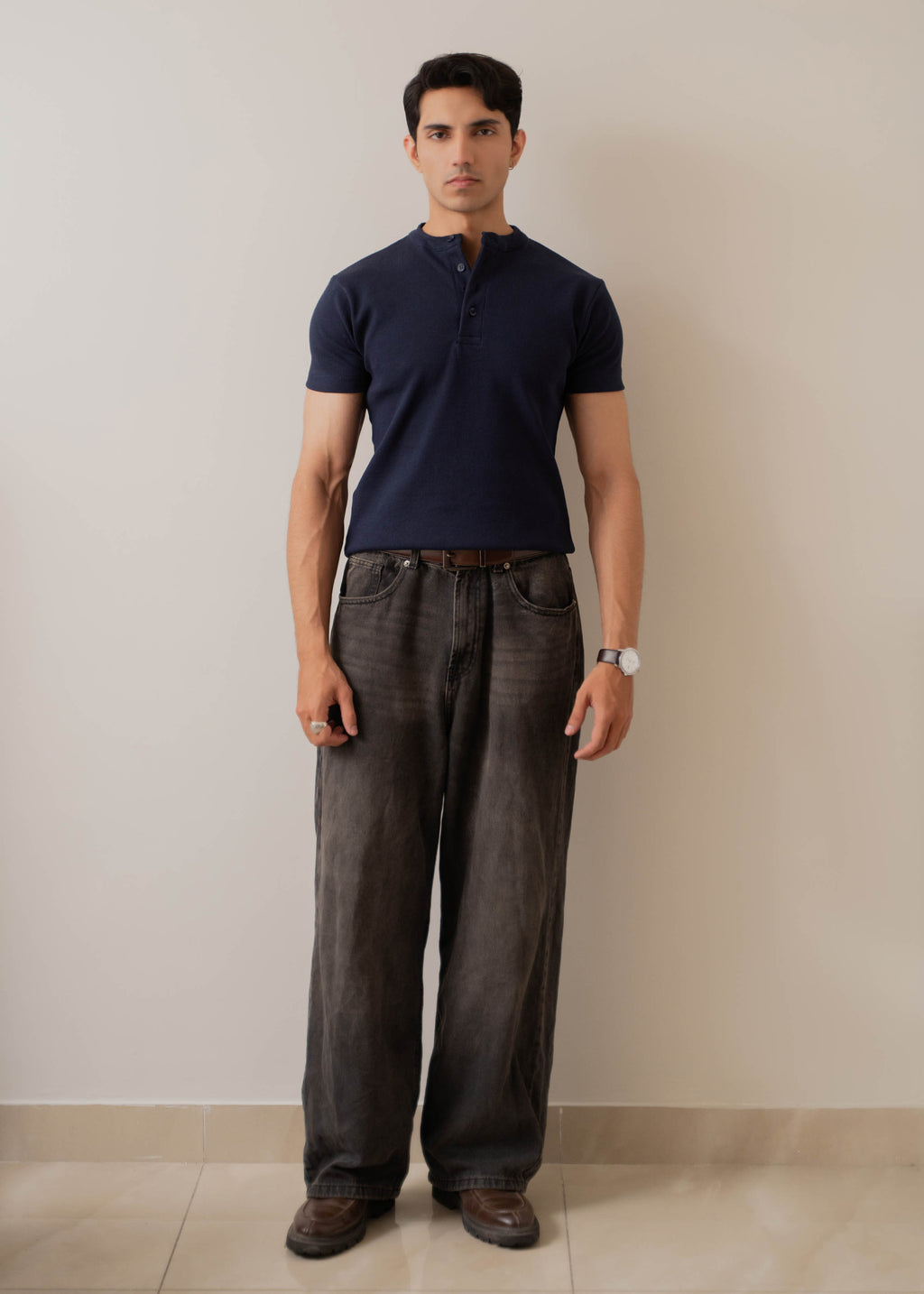 NAVY RIBBED FITTED HENLEY