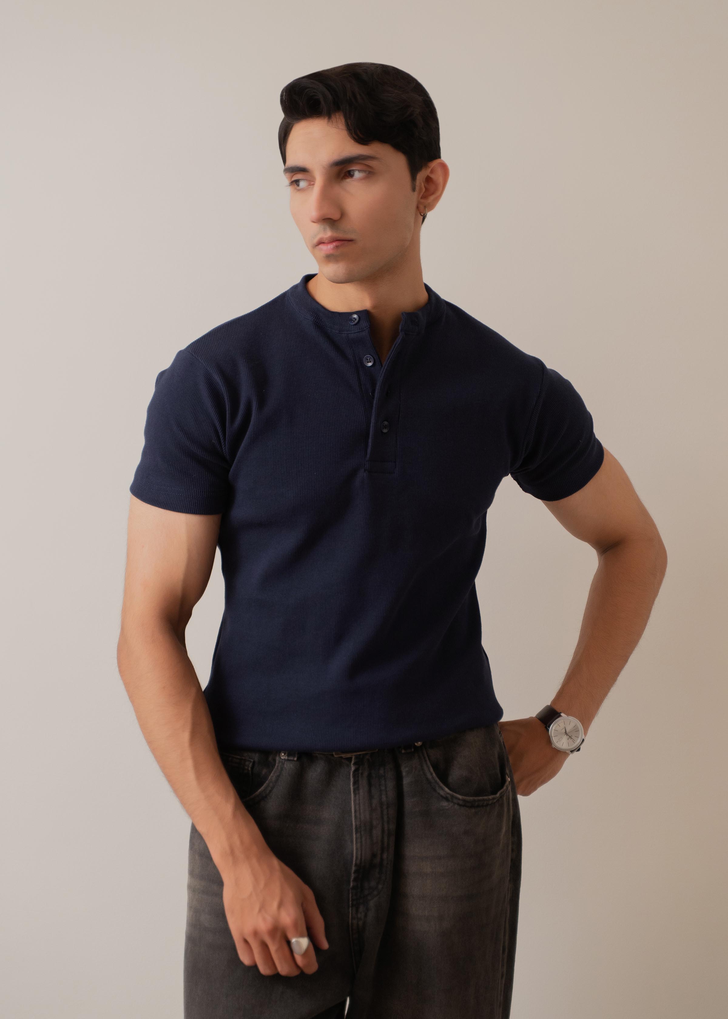 NAVY RIBBED FITTED HENLEY